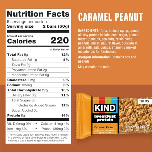 Image of KIND Breakfast Protein Bars, Caramel Peanut, Gluten Free, Low Sodium, Healthy Snacks, 8g Protein, 6 Count (6 Packs of 2 Bars)