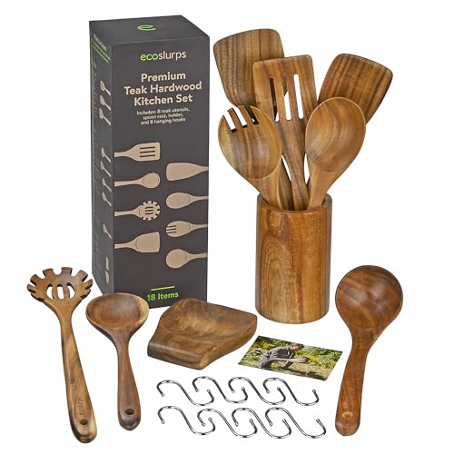 EcoSlurps Premium Teakholz Küchenhelfer Set - 8 Kochutensilien aus Holz, Löffelablage und Aufbewahrungshalter, 8 Haken zum Aufhängen, insgesamt 18-teiliges Luxus-Geschenkset (18)