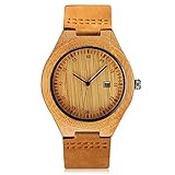 CUCOL Wooden Watch For Men Fashion Casual Watch Brown Cowhide Leather Strap Wood Watch With Box (date)
