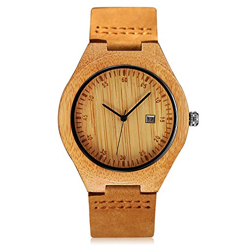 CUCOL Wooden Watch for Men Fashion Casual Watch Brown Cowhide Leather Strap Wood Watch with Box (date)