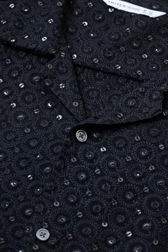 Image of SNITCH Men Casual Shirt | Regular Fit Half Sleeve Cuban Collar Textured Pattern with Embellished Sequins | 100% Viscose & Breathable Fabric for Everyday Wear