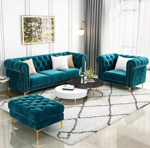Image of Classic 3+1= 4 Seater with Footrest Seater Sofa Set Luxury Chesterfield Modern Fahionalable Sleeper Sofa for Living Room, Dining Room, (Teal Green)
