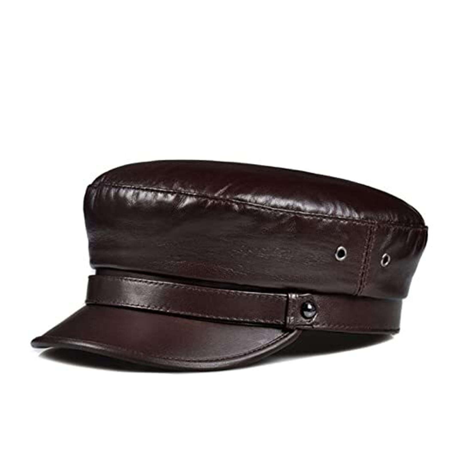 Women’s Real Leather Cap - Fashionable Flat Baseball Hat in Red and White, XXL Size(XX-Large; Coffee)