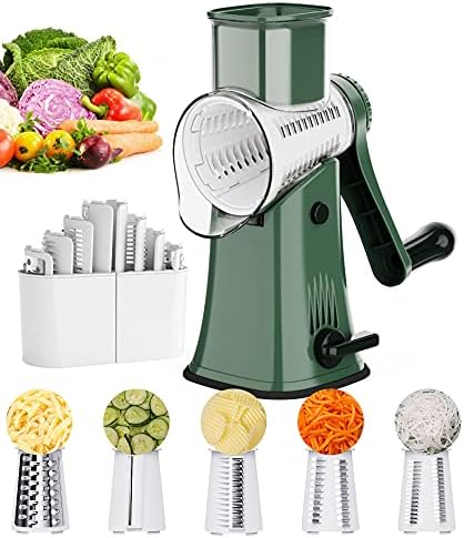 Ourokhome Rotary Cheese Grater Shredder - 5 Blade Drum Vegetable Slicer Potato Wavy Cutter with a Peeler and a Cleaning Brush (Green)