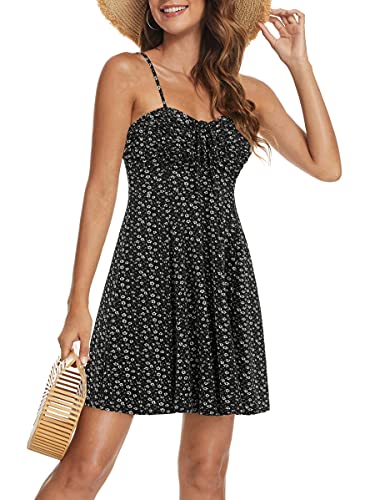 Image of Missufe Spaghetti Strap Floral Mini Dress Women's Casual Ruched Front Drawstring Swing Sundress