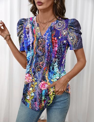 Image of LOMON Spring Summer Tops for Women 2026 V Neck Puff Short Sleeve Tops Fashion Trendy Work Blouses Dressy Casual S-XXL
