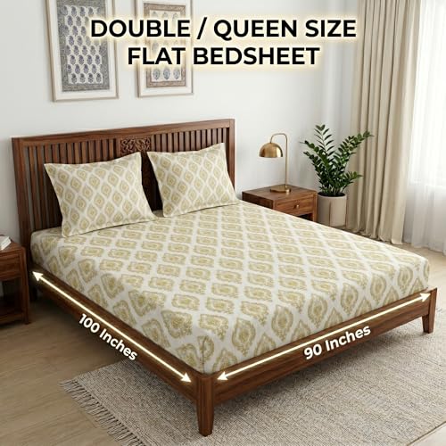 Image of Mafatlal 186 TC Grace Double Bed Bedsheet | Premium Pure Cotton | Queen Size: 90x100 Inch | Comfortable, Durable & Fast | Includes 2 Pillow Covers | Yellow Jasper