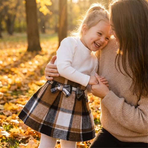 Image of Noubeau Toddler Girls Plaid Outfits Girls Puff Sleeve Knit Ribbed Shirt Tops Plaid Skirt Set Kids Fall Winter Clothes