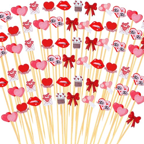 Soaoo 400 Counts Valentine's Day Heart Shaped Cocktail Picks 4.72 Inches Disposable Bamboo Appetizers Skewers Sticks Long Toothpicks Fruit Sandwich Sticks for Valentine Festival Favor