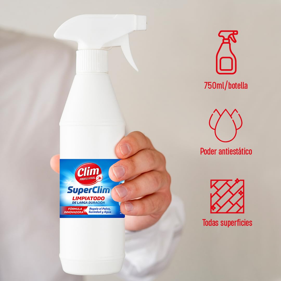 Clim Profesional - 12 SuperClim Limpiatodo Mágico, Antiestático, Multiusos 750ml. Caja 12 uds, Limpieza y Brillo en Cristal, Plástico, Madera, PVC, Vinilo, Acero Inox