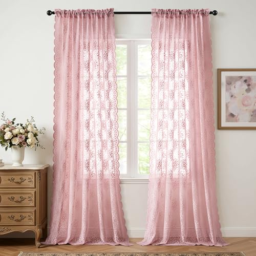 Image of MIULEE Vintage Lace Curtains 96 Inches Long 2 Panels, Victorian Floral Scalloped Semi Sheer Curtains Light Filtering Rod Pocket Panels Decor for Girl Bedroom Living Room, 52 inch W x 96 inch L, Light Pink