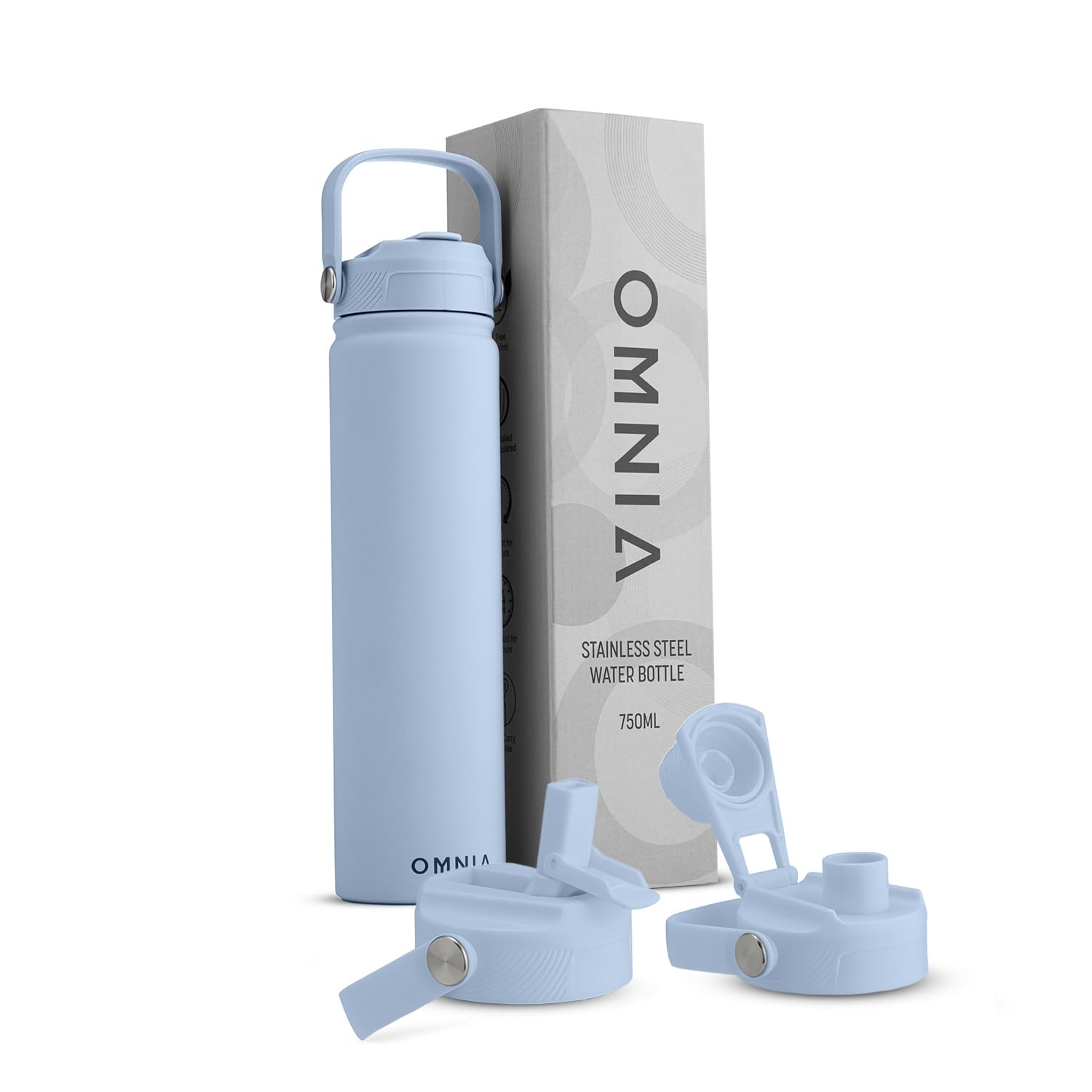 OMNIA Vacuum Insulated Stainless Steel Water Bottle, 2 Lids (Straw & Spout) Leakproof, BPA-Free, Reusable Flask for Sports, Gym, Travel, Outdoors (Sky Blue, 750ML)