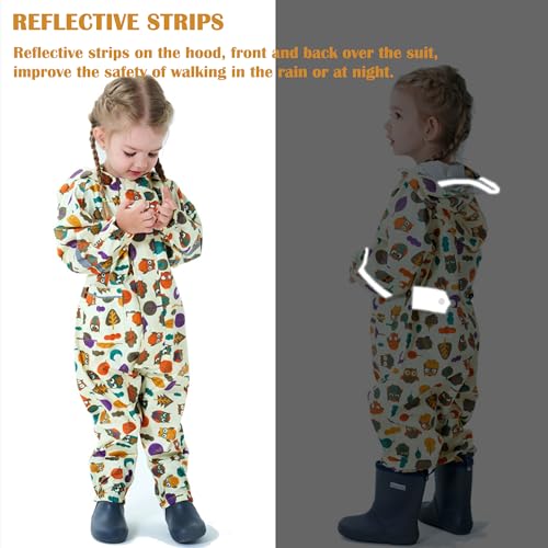 Kids Toddler Rain Suit for Boys Girls One Piece Hoodie Zipper Cartoon Waterproof Coverall Rain Jacket 1-10 Years4
