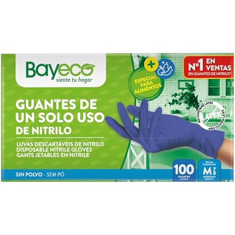 Guantes de nitrilo Bayeco ambidiestros con bordillo enrollado y dedos texturizados, pack de 100 unidades talla M Cover
