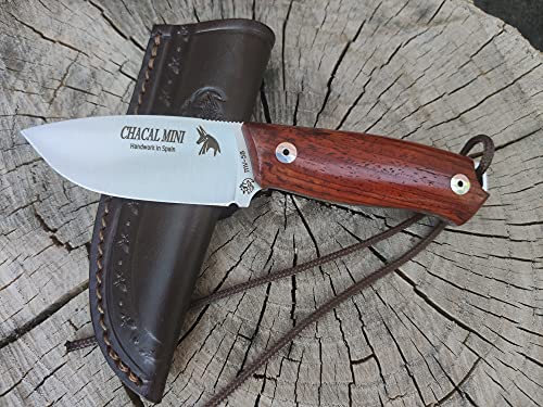 J&V CHACAL Mini Cuchillo de Bushcraft Campo Outdoor Supervivencia Pesca Caza, Hoja Fija Acero inox MV-58 de 7,5 cm, Funda de piel, Hecho en...