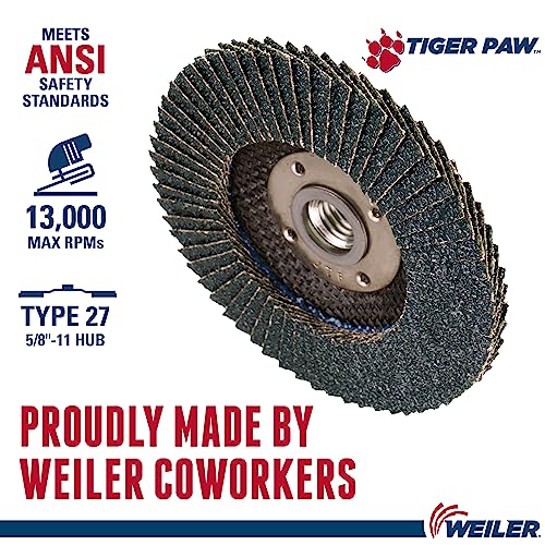 Image of Weiler 51112 4-1 /2 inch Tiger Paw Abrasive Flap Disc, Flat (Ty27), Phenolic Backing, 36Z, 5 /8 inch-11 UNC Nut (Pack of 10)