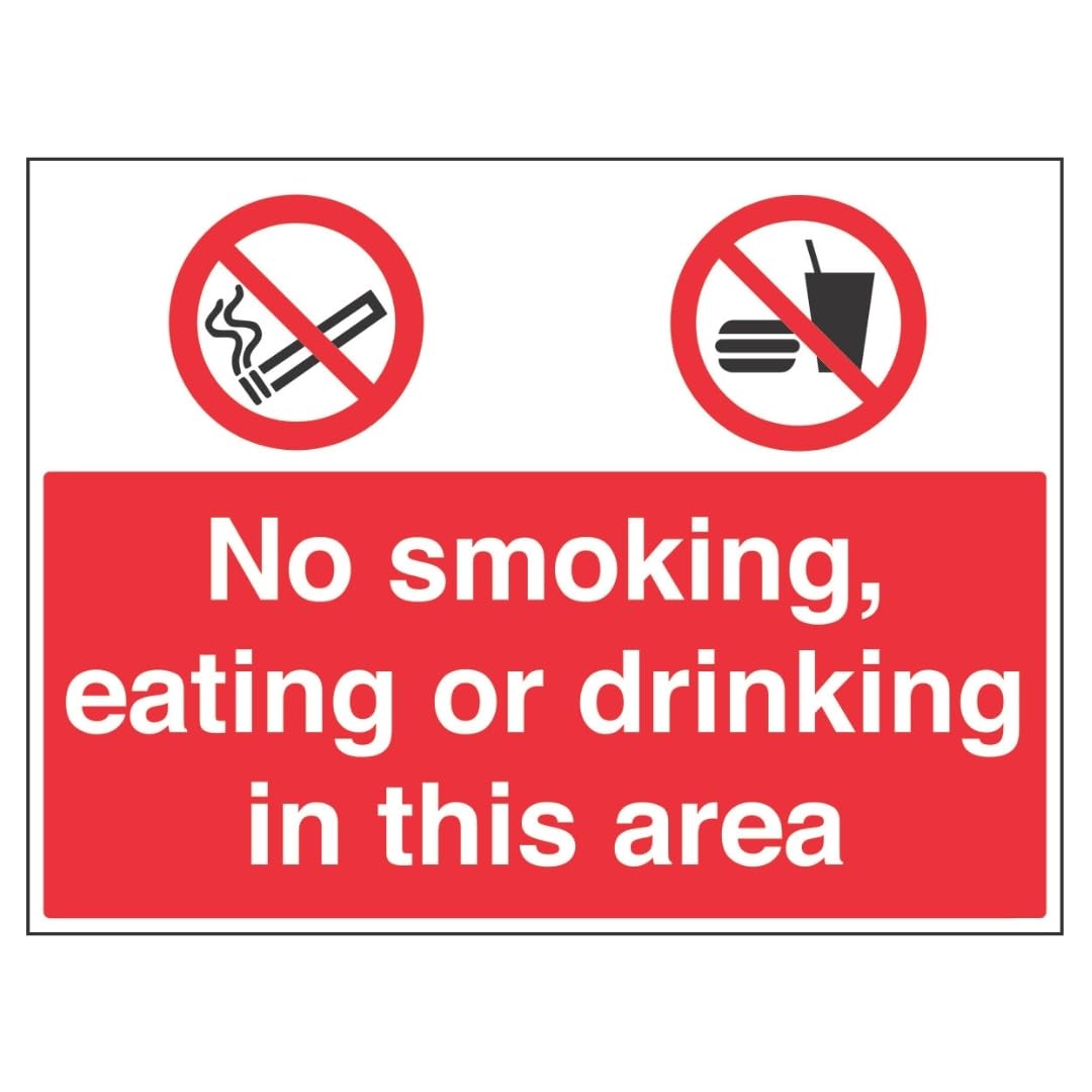 V Safety No Smoking/Eating/Drinking In This Area 600 x 450 mm - 2mm Rigid Plastic Safety Sign, Red