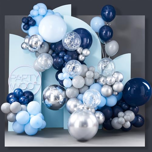 Image of PartyWoo 140 pcs Blue Balloon Arch Kit Garland Navy and Light Baby Blue Silver Gray 4D Foil and Glitter Balloons for Baby Shower Gender Reveal Graduation Wedding Birthday Party Decorations