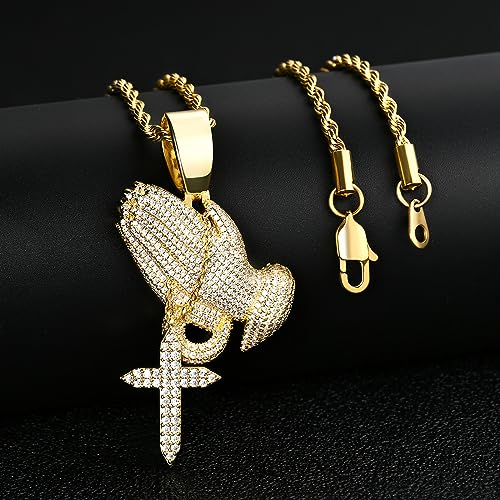 Iced Out Praying Hands with Cross Pendant Necklace Chain 14K Gold White Gold Plated Religious Christian Serenity Prayer Jewelry for Men Women3