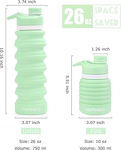 Vista 29 de Nefeeko Botella de agua plegable de silicona de 26 onzas, a prueba de fugas, sin BPA, botellas de agua de viaje con mosquetón, botellas de agua