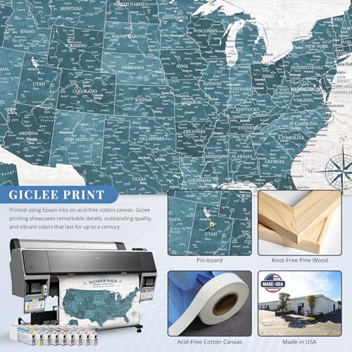 Image of IPIC - Antique Blue USA Travel Map, Pin Board Canvas Wall Art, Travel Map with Pins Included, Ready to Hang for Home or Office, 30x24 Inch