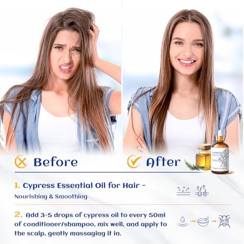 Image of HIQILI 100ML Cypress Essential Oil, 100% Natural for Diffuser, Skin Care, Includes 10ML Travel Bottle - 3.38 Fl Oz