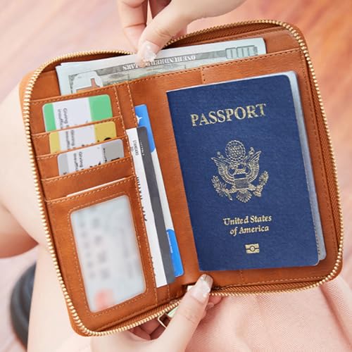 Rowgins Multi-Functional RFID Passport Wallet, RFID Passport Holder for Travel with Safe Zipper for Credit Cards, Tickets, and Cash (Brown)4