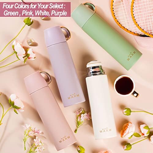 Coffee Flasks with Cup for Hot Drinks 500ML, NISVDID Vacuum Thermal Flasks with No Ripple Surface Small Cup Leakproof Water Bottle for Work Travel School and Sport (Light Pink)