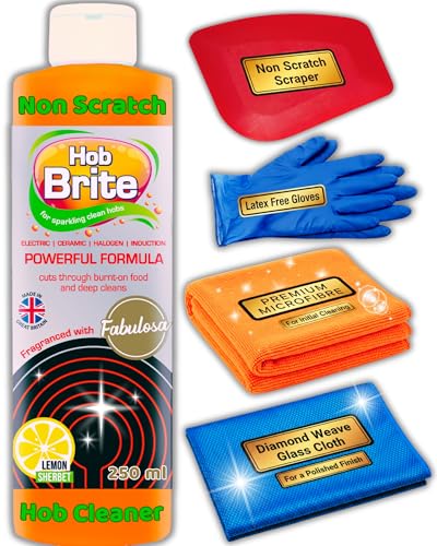 Hob Brite Ceramic Hob Cleaner for Glass Induction & Electric Hobs - with Non-Scratch Scraper Cleaning Cloth Polishing Cloth & Gloves - Professional Kit for Burnt Pans & Stove Top (250ml)