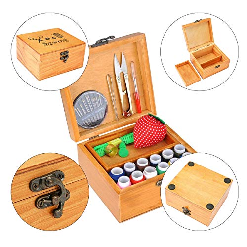 Sewing Kit, Wooden Sewing Kit Box For Adults, Wooden Sewing Basket With Accessories, Home Sewing Basket Stitching Repair Kit For Beginner, Women, Men (Brown) #TOP5