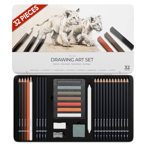 String & Space Artists Drawing Set 32pc Art Set for Adults 12 Graphite Pencils (6H12B) Charcoal Pastels & Earth Tones Metal Tin