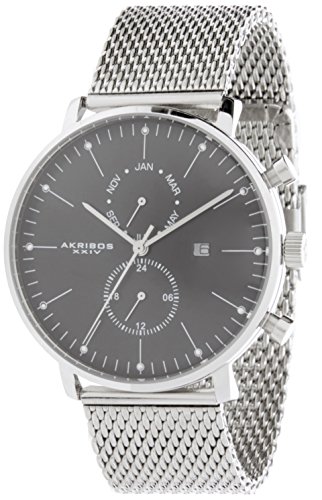 Akribos XXIV Men's Multifunction Watch - 2 Subdials Month, GMT and Date Window on Stainless Steel Mesh Bracelet - AK685