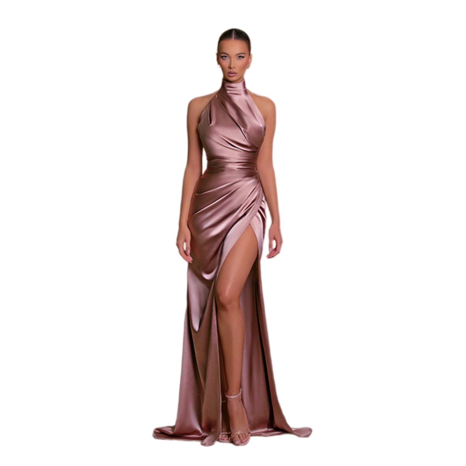 Vestito Elegante Donna Raso Maxi Abito Halter Collo Schienale Laterale Fessura da Sera per Cocktail Party-Champagne-XL