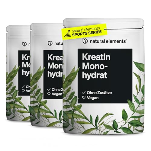 natural elements Creatin Monohydrat 3er Set – 3x 500g ultrafeines Pulver (Meshfaktor 200) – 498 Portionen reines Kreatin – hochdosiert – vegan, ohne unnötige Zusätze – laborgeprüfte Qualität