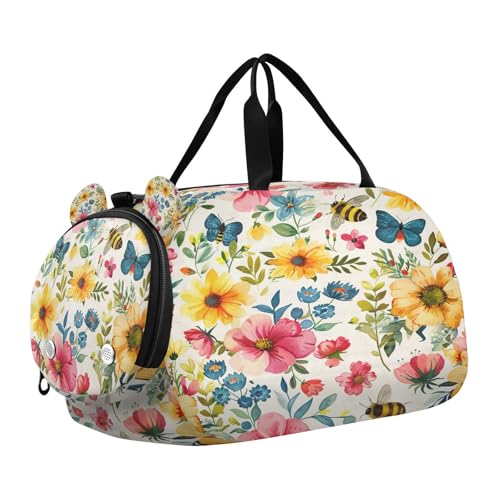 YETTASBIN Sport Travel Duffel Bag for Girls Boys, Colorful Flower Large Waterproof Weekender Overnight Bag, Detachable Shoulder Strap Gym Bag with Shoe Compartment & Wet Pocket