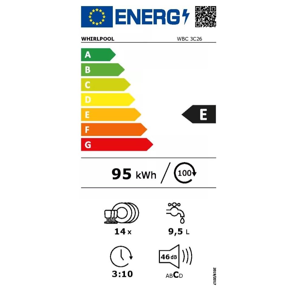 Whirlpool WBC3C26B Lave vaisselle encastrable 60 cm Classe énergétique A++ Affichage temps restant Départ différé