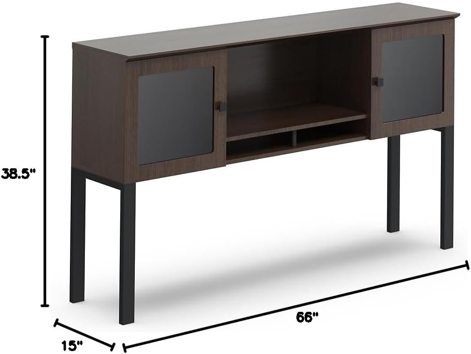 NBF Credenza-Supported Storage Hutch - 66" W Southern Walnut/Black/Black Base, Office Organization with Storage Cabinet and Metal Base