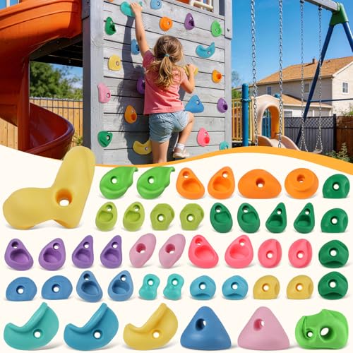 Image of 45 PCS Rock Climbing Wall for Kids,Rock Wall Climbing Holds,Adults Climbing Wall Grip Kits Holds Up to 230 lbs for Outdoor Indoor Home Playground Climbing Holds(Pastel Color)