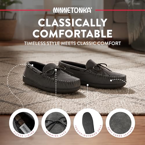 Image of Minnetonka Plaid Lined Hardsole - Moccasin Slippers for Men Made with Suede Upper, Rubber Sole, Plush Interior, Fleece Lining, Rawhide Lace, and Traditional Moccasin Design