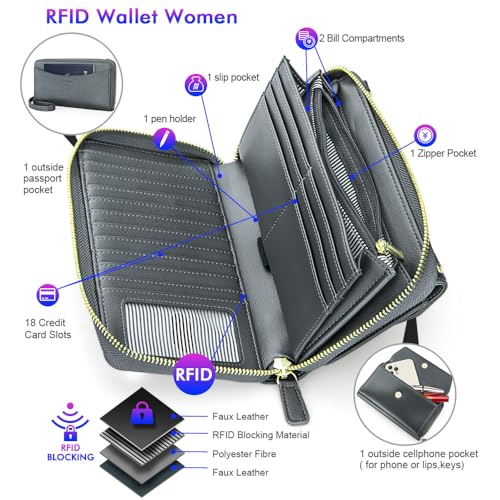 Image of nuoku Womens RFID Wallet Purse Wristlet Crossbody Clutch with Zip Around 2 Strap | RFID