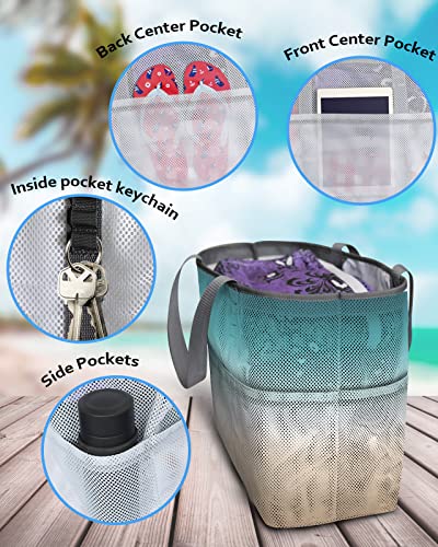 Teal Beige Ombre Cream Beach Tote Bag for Women, Modern Turquoise Abstract Art Aesthetics Mesh Beach Bags Waterproof, Outdoor Picnic Swim Pool Handbag - Large Beach Bag with Zipper and Pockets4