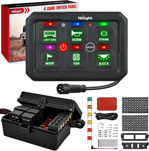 Image of Nilight 6 Gang Switch Panel Green 12V 60A Circuit Control System 4-Mode | Fuse Wiring Harness Automatic Dimmable LED Pod Toggle /Momentary /Strobe /Flash Modes for Car Pickup Truck Camper SUV