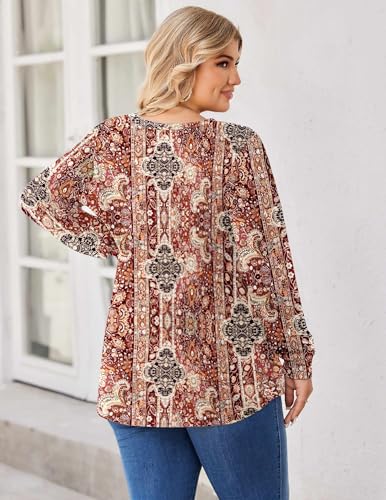 Image of IN'VOLAND Womens Plus Size Shirts V Neck Puff Long Sleeve Tops | Loose Fit, Dressy Casual Blouse, Pleated, Fall Outfits, Business Work TShirts, Basic Tees