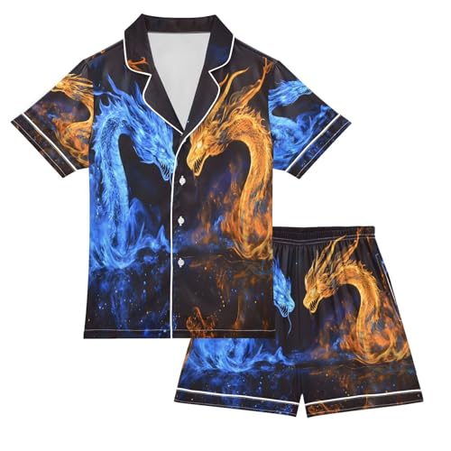 ALAZA Blue Orange Dragon Satin Pajamas Set Short Sleeve Button Down Sleepwear Summer Pjs 2 Piece