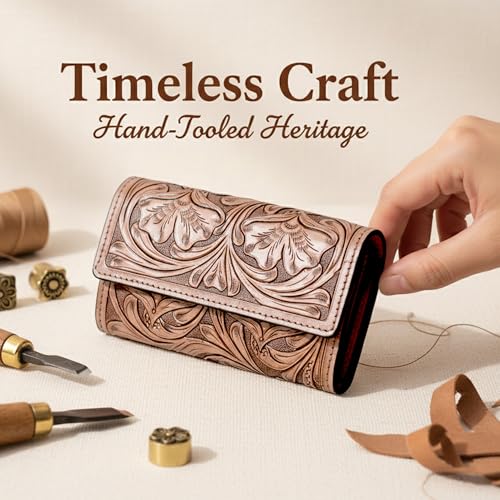 Image of Merbaa Hantooled Leather Wallet RFID Blocking, Trifold Ladies Purse, Flower Handtooled and Carved long Clutch, 1 Back Zip pocket, Wallet For Women, Brown, Medium, Classic
