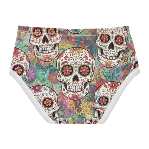Toddler Briefs, Sugar Skulls Vintage Flowers Cotton Underwear for Girls, 2T–8 Years2