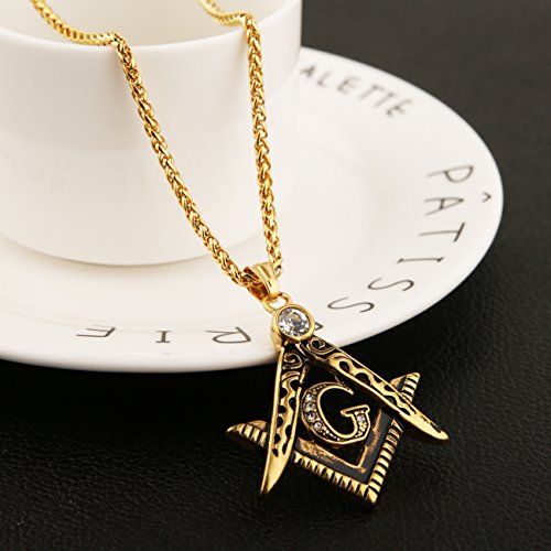 HZMAN Mens Cubic Zirconia Freemason Symbol Masonic Stainless Steel Pendant Necklace 22+2 inch Chain4