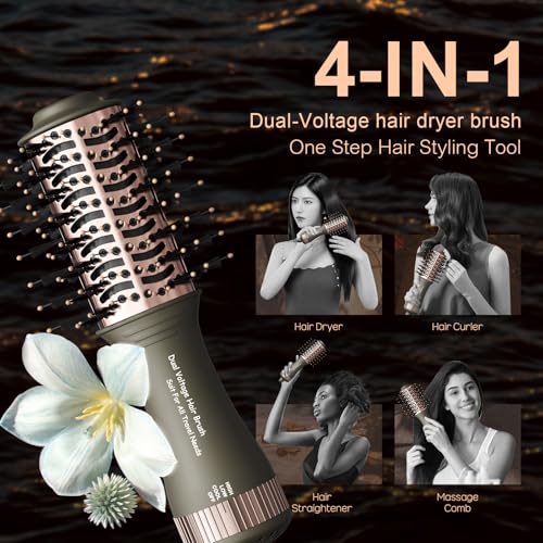 Image of Travel Dual Voltage Blow Hair Dryer Brush 4-IN-1 Portable Mini Hot Air Dryer Straightener & Curler Brush, Titanium Round Blowout Styler Volumizer Tools, 110 /240V US /EU /UK Plug for International Travel