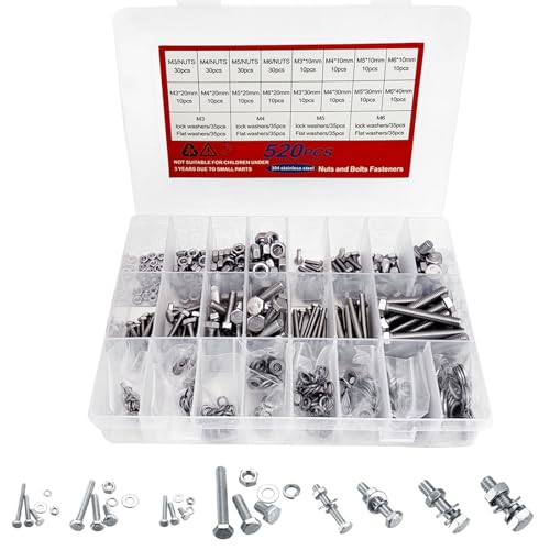 Juego de Tornillos y Tuercas, 520Piezas M3 M4 M5 M6 Juego de Tornillos y tuercas y Arandelas Kit, 304 Tornillos Cabeza Hexagonal de Acero Inoxidable, Set de Surtido de Tornillos, Tuercass y Arandelas