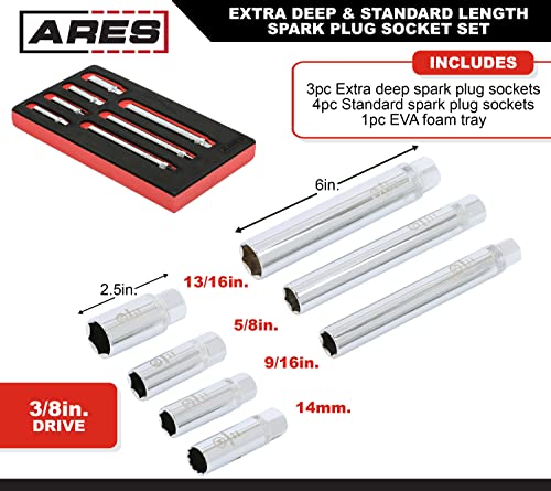 Ares 11024-7-Piece Extra Deep And Standard Length Spark Plug Socket Set – 3/8-Inch Drive Spark Plug Sockets - 2.5-Inch And 6-Inch Length 6-Point And 12-Point Sockets – Includes Foam Storage Tray #TOP1
